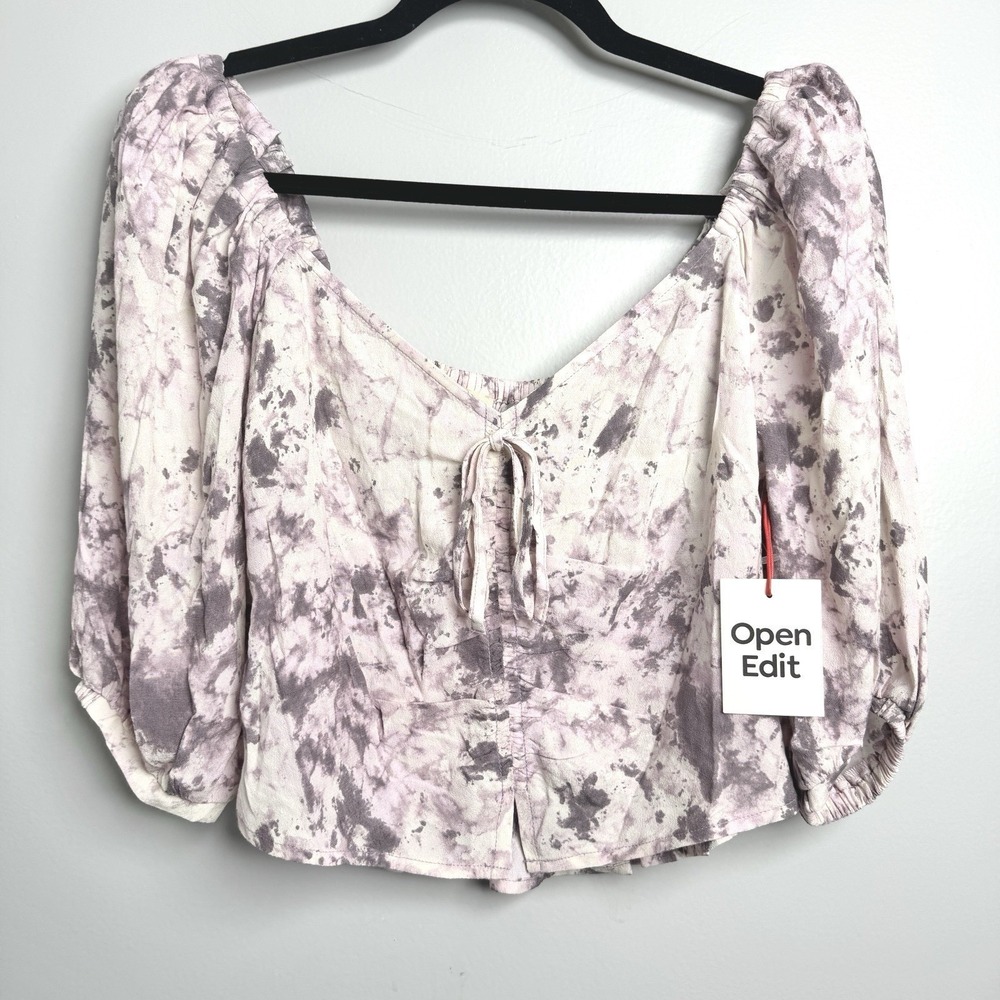 OPEN EDIT Women's Sz M Tie Front‎ Puff Sleeve Blouse in Ivory Grey Purple NWT